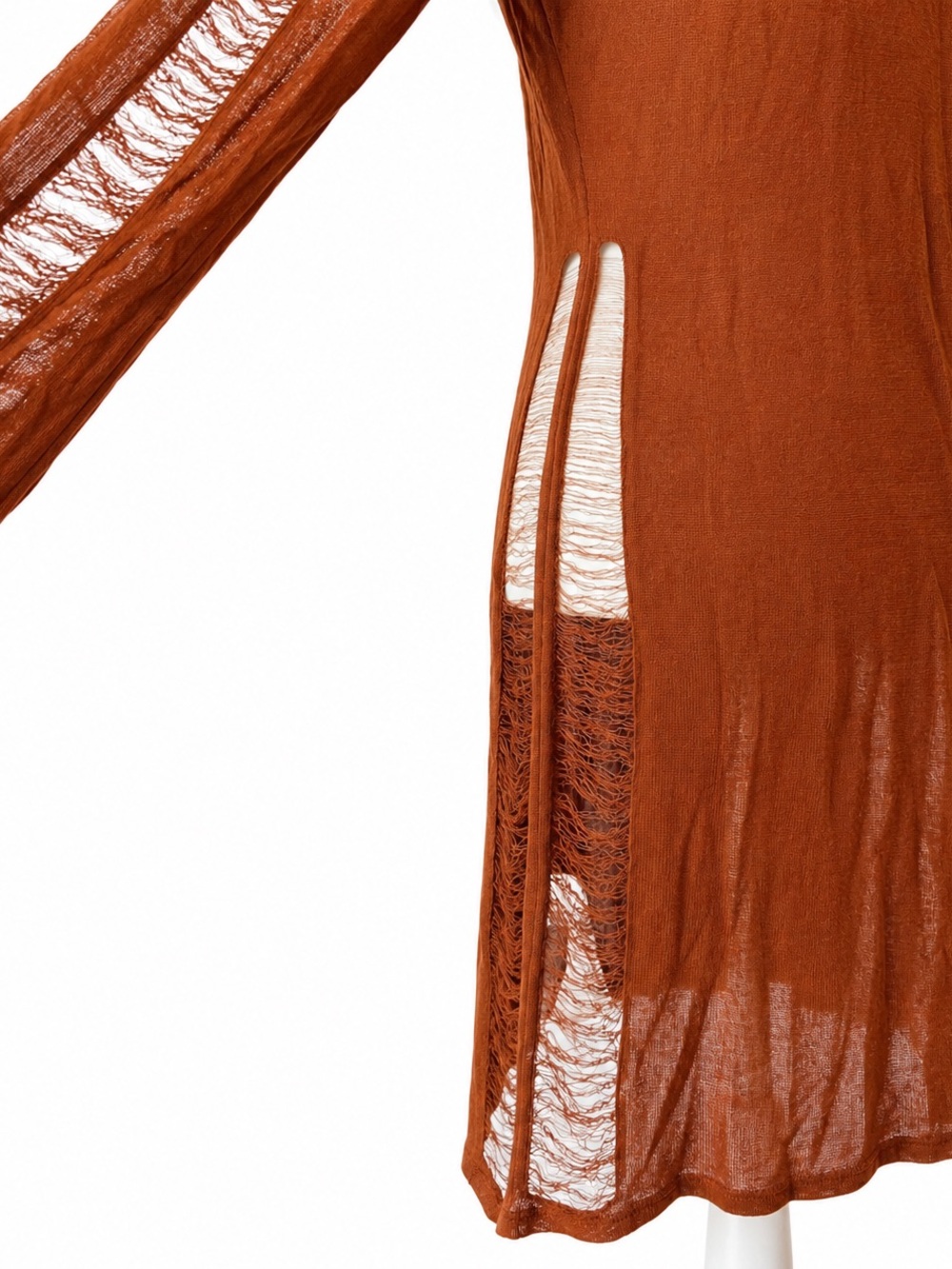 Missguided Rust-Brown Mini Dress with Ripped Texture Cuts. - Picture 5 of 7